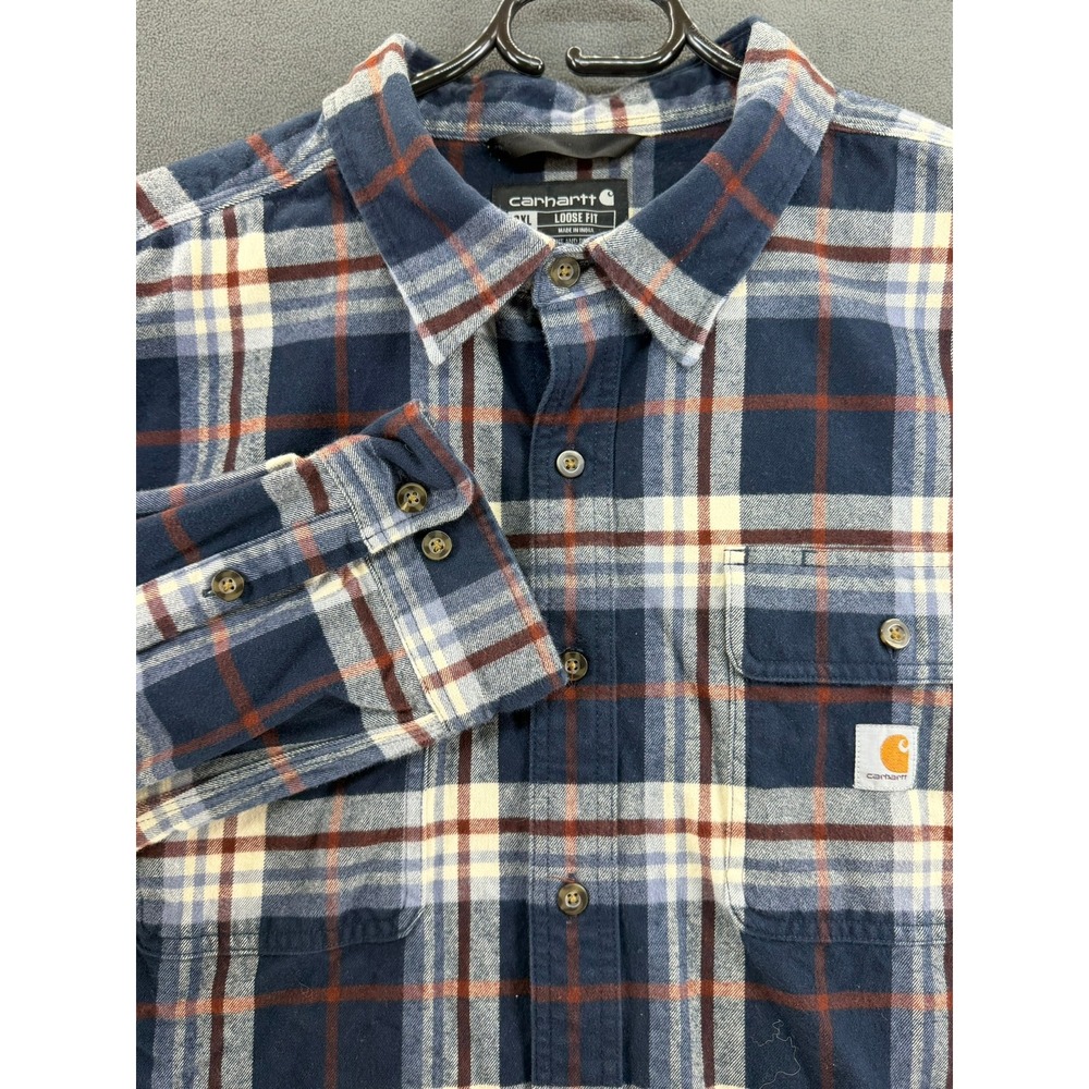 Carhartt Mens 2XL Tall Loose Fit Plaid Flannel Button Down Shirt Navy 105078 I26